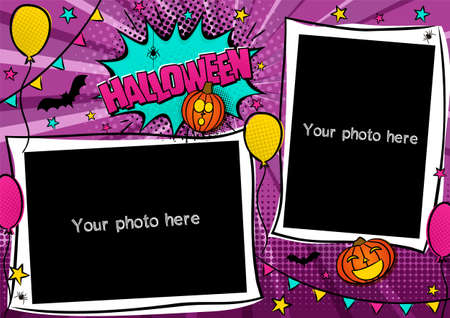 Comic photo frame in pop art style for Halloween. Bright page for festive photos. Template for the design of frames for party, photographs, posters, cards, stickers. Vector illustration.のイラスト素材
