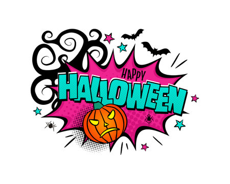 Happy Halloween comic logo. Cartoon explosion with pumpkin, bats, spiders and stars in pop art style. Vector illustration for sticker, badge, poster, banner or party flyer.のイラスト素材