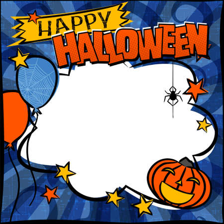 Happy Halloween comic frame with Pumpkin, stars and balloons. Bright Template with hanging spider and white cloud frame for a poster or banner. Vector illustration on the Halloween party or ads.のイラスト素材