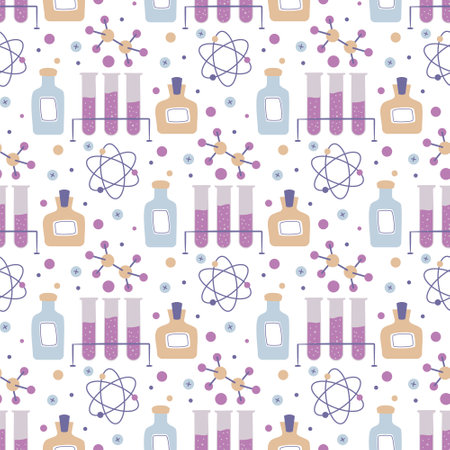 Seamless doodle pattern with elements of chemistry and substances. Chemical vials, molecules and electrons. Vector background. School pattern on page from a notebook in a cage, medicine projectsのイラスト素材