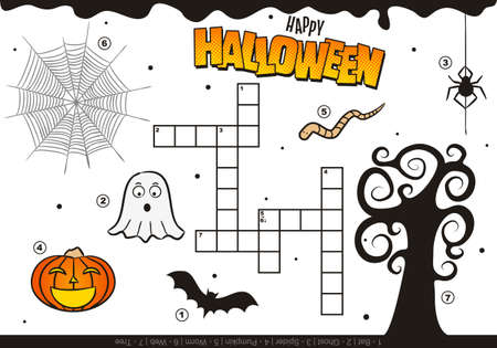 Happy Halloween crossword for kids. Children's holiday game with cartoon elements. Funny pumpkin, tree, ghost, spider, worm. Vector illustration for leisureのイラスト素材