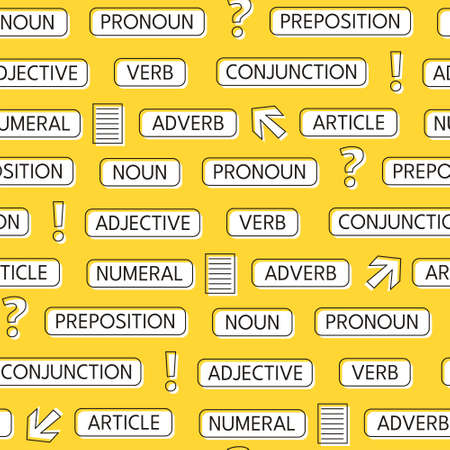 Seamless pattern with names of the parts of speech. Yellow Background on the theme of school, grammar, education, learning, literacy, spelling.のイラスト素材