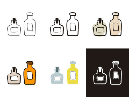 Chemistry bottle icons set isolated on white background. Perfume or cologne. Hand-drawn contour icon in doodle style, flat and chalk on a black board. Vector illustrationのイラスト素材
