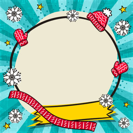 Bright comic round frame with Winter knitting in popart style. Empty Box for text with frozen snowflakes. Cartoon Vector illustration. Template for offer, announcements or promotionsのイラスト素材