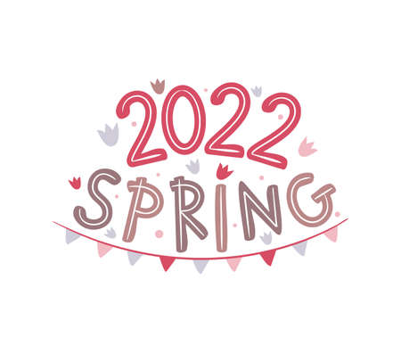 Spring 2022 logo with hand drawn tulips and garland. Seasons emblem for the design of calendars, seasons postcards, diaries. Doodle Vector illustration isolated on white background.のイラスト素材