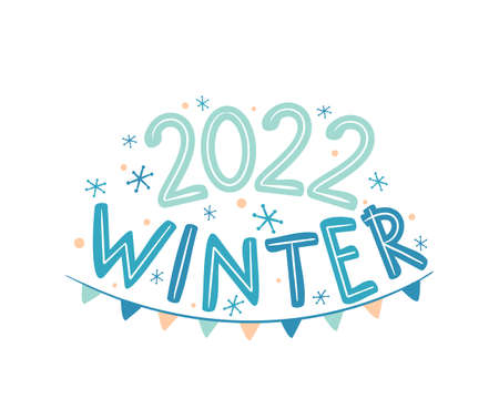 Winter 2022 logo with hand drawn snowflakes and garland. Seasons emblem for the design of calendars, seasons postcards, diaries. Doodle Vector illustration isolated on white background.のイラスト素材