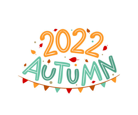 Autumn 2022 logo with hand drawn leaves and garland. Seasons emblem for the design of calendars, seasons postcards, diaries. Doodle Vector illustration isolated on white background.のイラスト素材