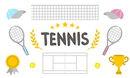 Hand drawn tennis elements. Icons of tennis Racket, ball, net, cup, cap, medal, court. Vector Illustration for the design of competitions, sports projects, tennis equipment.のイラスト素材