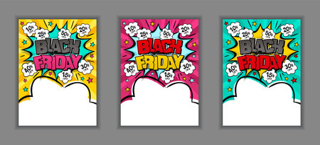 Bright comic banners for black friday discounts or sales. Cloud text frame on a ray background. Template for web design, flyers, banners, coupons, applications and posters. Vector illustrationのイラスト素材