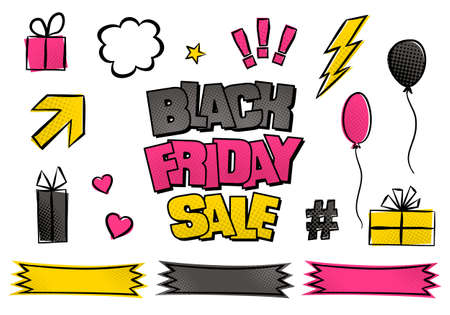 Set of Comic Elements for Black Friday Sale. Bright halftone pop-art style. Pictures for web design, flyers, banners, coupons, applications and posters. Vector illustrationのイラスト素材