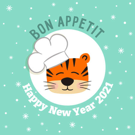 Cute New Year card with a wish and a cartoon tiger in a chef's hat - a symbol of 2022. Phrase - Bon Appetit. Vector illustration for the design of postcards, calendars, posters and banners.のイラスト素材