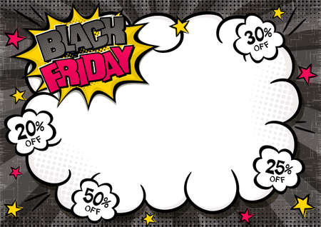 Bright comic banner for black friday discounts or sales. Cloud text frame on a ray background. Template for web design, flyers, banners, coupons, applications and posters. Vector illustrationのイラスト素材