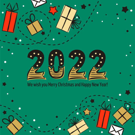 Happy new year 2022. Lettering of hand-drawn numbers and gifts on a green background. 2022 calendar heading. Vector illustration for the design of Christmas and New Year cards and posters.のイラスト素材