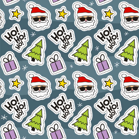 Seamless new year pattern with Santa boss, tree and phrase ho ho ho. Christmas gift background with festive stickers. Santa in sunglasses. Vector illustrationのイラスト素材