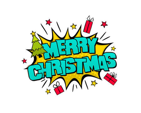 Comic Merry Christmas Logo. Pop art explosion with gifts, tree and stars in cartoon style. Festive Vector illustration for sticker, badge, poster, banner or calendar. Isolated emblemのイラスト素材