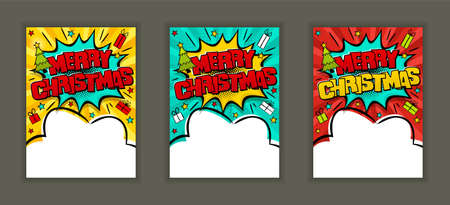 Bright comic banners for Merry Christmas. Cloud text frame on a ray background. Template for web design, flyers, banners, coupons, applications and posters. Vector illustrationのイラスト素材