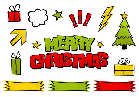 Set of Comic Elements for Merry Christmas. Bright halftone pop-art style. Pictures for web design, flyers, banners, coupons, applications and posters. Vector illustrationのイラスト素材