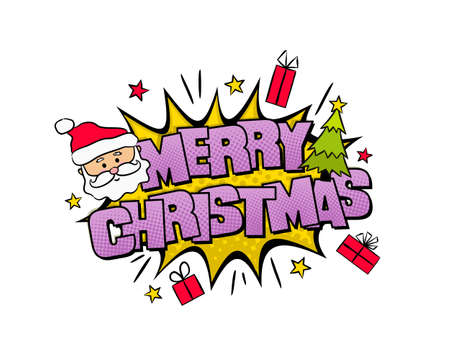 Comic Merry Christmas Logo. Pop art explosion with Santa, gifts, tree and stars in cartoon style. Festive Vector illustration for sticker, badge, poster, banner or calendar. Isolated emblemのイラスト素材