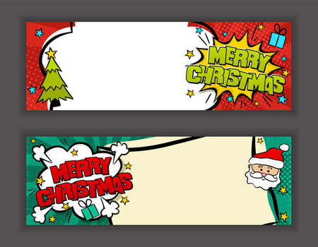 Bright comic banners for Merry Christmas with Santa. Cloud text frame on a ray background. Template for web design, flyers, banners, coupons, applications and posters. Vector illustrationのイラスト素材