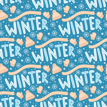 Seamless winter pattern. Snow blue background with knitted clothes, winter title and snowflakes. Vector Illustration for the design of seasons, christmas and new year.のイラスト素材