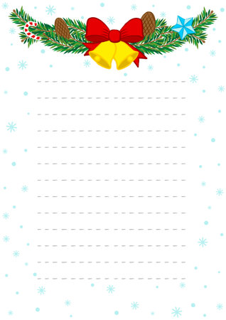 New Year's letterhead. Letter to Santa Claus. Christmas greetings with festive fir wreath and golden bells. Vector templateのイラスト素材