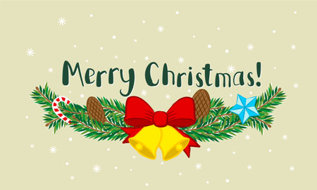 Merry Christmas card. Festive banner with New Year's fir wreath, pine cones, golden bells and snowflakes. Vector illustrationのイラスト素材