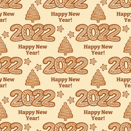 2022 Happy New Year. Seamless pattern. Gingerbread lettering, stars and christmas tree. Vector illustration for the design of New Year cards, calendars and posters from pastry chefs and bakers.のイラスト素材