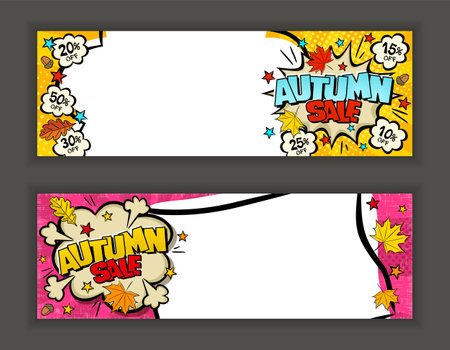 Bright comic banners for Autumn Sale or discount. Cloud text frame on a ray background. Template for web design, flyers, banners, coupons, applications and posters. Cartoon Vector illustrationのイラスト素材