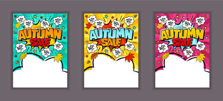 Bright comic banners for Autumn Sale or discount. Cloud text frame on a ray background. Template for web design, flyers, banners, coupons, applications and posters. Cartoon Vector illustrationのイラスト素材