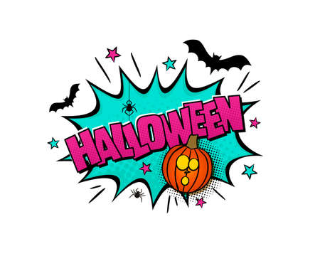 Halloween comic. Cartoon explosion with pumpkin, bats, spiders and stars in pop art style. Vector illustration for sticker, badge, poster, banner or party flyer.のイラスト素材