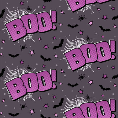 Boo comic. Halloween purple seamless pattern. Cartoon background with bat, spider, web and stars in pop art style. Vector illustration for poster, banner or party flyer.のイラスト素材