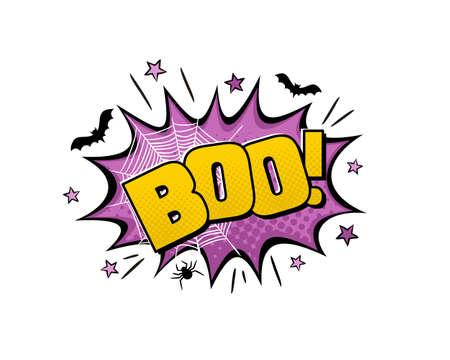 Boo comic. Halloween emblem. Cartoon explosion with bat, spider, web and stars in pop art style. Vector illustration for sticker, badge, poster, banner or party flyer.のイラスト素材