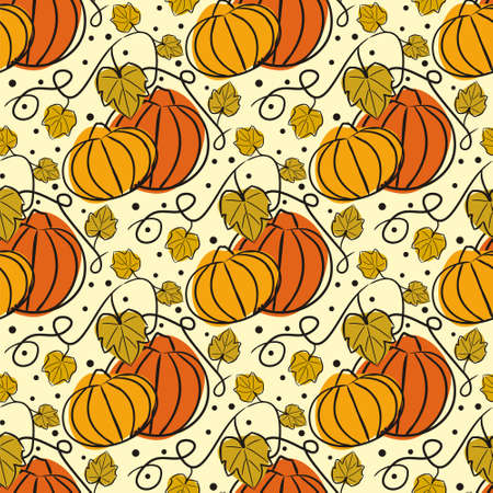 Seamless harvest pattern with pumpkins and leaves. Autumn background in orange, green tones. Hand drawn ripe vegetables and foliage. Vector illustration on theme of fall, thanksgiving and halloweenのイラスト素材