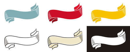 Set of Vintage blank hand-drawn ribbons for text. Templates for signage, headline or lettering. Vector illustration for design and decorationのイラスト素材