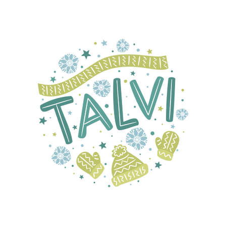 Cute Winter lettering emblem in Finnish with knitted clothes and snowflakes. Hand drawn round Logo for postcard, poster or banner. Vector isolated illustration in doodle style. Translate: Winterのイラスト素材