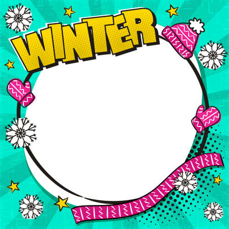 Hello Winter Comic round frame with Winter knitting in popart style. Empty Box for text with frozen snowflakes. Cartoon Vector illustration. Template for offer, announcements or promotionsのイラスト素材