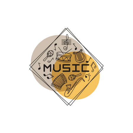 Vector design for Music in simple modern style with line Musical instruments. Emblem for tutorial, banner, poster, presentation, splash screen, or educational project.のイラスト素材