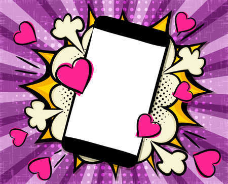 Comic love banner with mobile phone on explosion background. Bubbles, smartphone and hearts in pop art style. Vector Template for Valentine's Day, design, banners, cards, coupons and posters.のイラスト素材