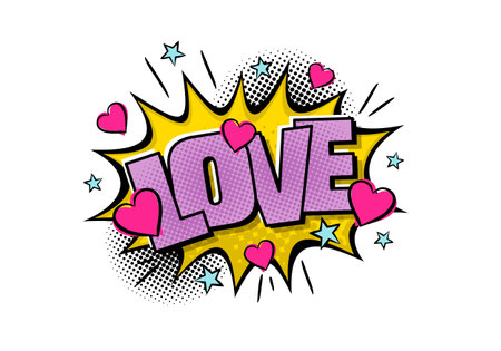 comic love . Cartoon letters with hearts in pop art style. Vector illustration for sticker, badge, poster, banner or design. Heading for congratulations, Valentines dayのイラスト素材
