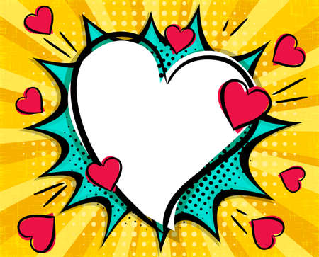 Love Pop art Bright comic empty speech bubble with hearts and halftones. White box for text in the shape of a heart. Template for congratulations, Valentines day discounts. vector illustrationのイラスト素材