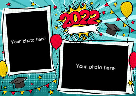 Comic Photo frame for class of 2022 in pop art style. A photo album for a graduating class or community. Cartoon Vector Template for design of frames for School, Academy, photographs, posters, cards.のイラスト素材