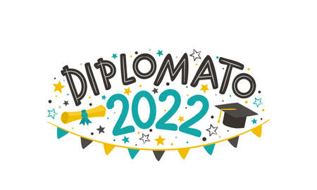 Italian Doodle Logo for the 2022 graduate with a bachelor cap, rolled scroll, flags and stars. Vector illustration for badge or emblem. isolated on white background. Translation: graduationのイラスト素材