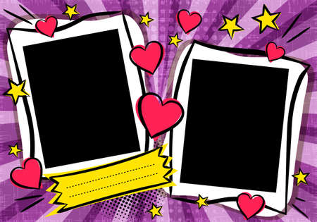 Love Pop art Bright comic double photo frame with hearts and stars. Box for text. Template for congratulations, Valentines day or wedding photo album. vector illustrationのイラスト素材