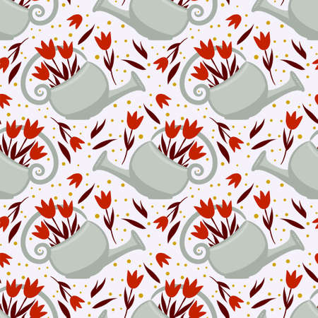 Seamless spring pattern with cute watering cans and tulips. Hand-drawn doodle garden elements. Vector illustration on the theme of spring, gardening, planting and beds.のイラスト素材