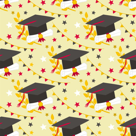 Seamless graduation pattern with doodle style elements. Hand drawn holiday background with scrolls, laurel branches, stars and a bachelor cap. vector illustration.のイラスト素材