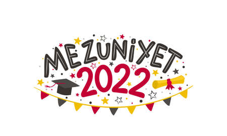 Turkish Doodle for the 2022 graduate with a bachelor cap, rolled scroll, flags and stars. Vector illustration for badge or emblem. isolated on white background. Translation: graduationのイラスト素材