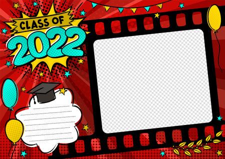 Graduation photo frame in pop art style for 2022. Bright page for class photos. Template for the design of frames for graduates, photographs, posters, cards, stickers. vector illustration.のイラスト素材