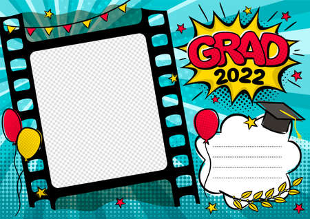 Graduation photo frame in pop art style for 2022. Bright page for class photos. Template for the design of frames for graduates, photographs, posters, cards, stickers. vector illustration.のイラスト素材