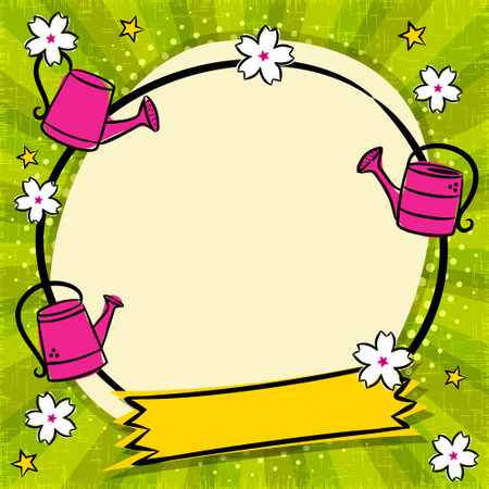 Bright comic speech bubble with Spring garden in popart style. Empty Box for text in round shape, watering cans and flower. cartoon vector illustration. Template for offer, announcements or promotionsのイラスト素材