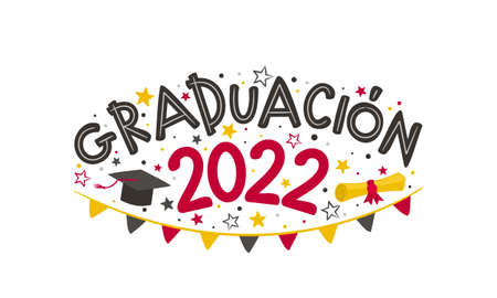 Spanish Doodle for the 2022 graduate with a bachelor cap, rolled scroll, flags and stars. Vector illustration for badge or emblem. isolated on white background. Translation: graduationのイラスト素材